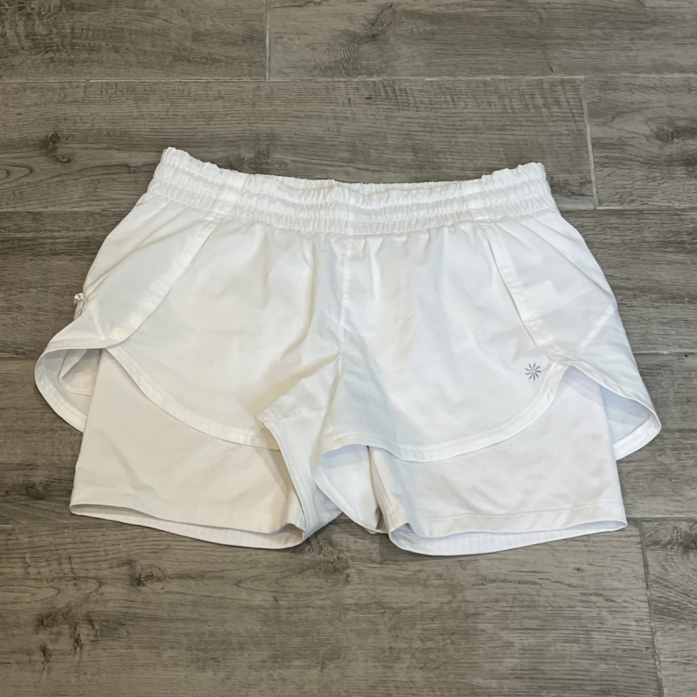 Athleta‎ Racer Run 2 in 1 Lined White Workout Shorts Size Small Zip Pockets